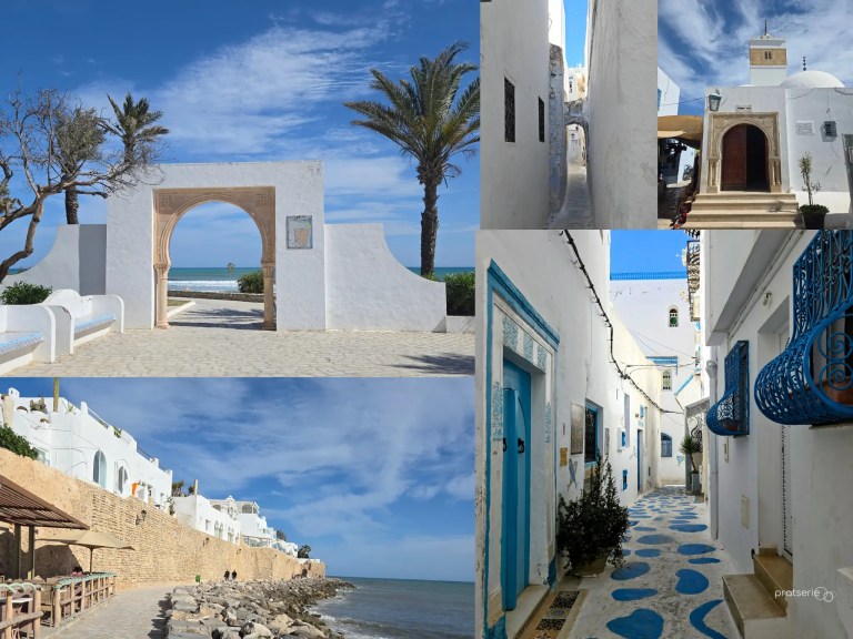 Mosaico de fotos da cidade de Hammamet com portal branco abrindo para a praia, ruelas com portas azuis e muralhas históricas.