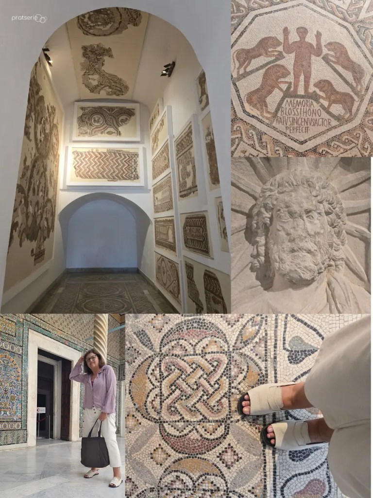 Colagem com imagens das salas do Museu do Bardo em Túnis, Tunísia, com detalhes dos mosaicos.