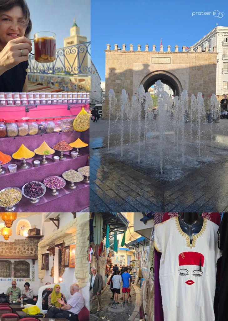  Montagem de fotos da Medina de Túnis mostrando o monumento Bab el Bhar com fonte de água, especiarias coloridas e ruelas históricas.